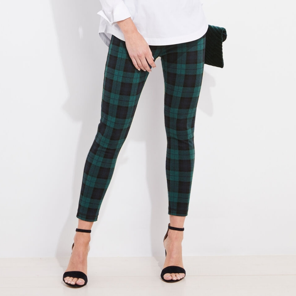 Vineyard Vines Green Plaid Blackwatch Cozy Jacquard Leggings, Size- Small
